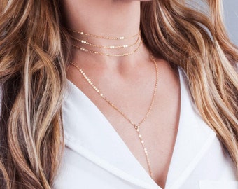 Gold Choker Necklace Set, Necklace Set of 2, Minimal Y lariat Necklace, Layered Choker Necklace, Gold Collar, Multi Layer Chain, NL-12G