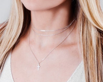 Layered Cross Necklace Set, Choker Chain Cross Necklace, Necklace Set of Two, Minimal Cross Necklace, Gold, Rose Gold, Sterling Silver, NL18