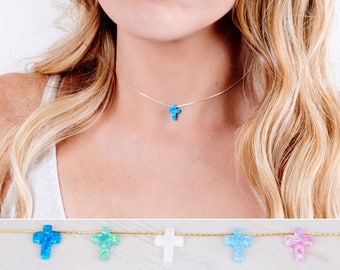 Cross Choker Necklace, Opal Cross Necklace, Cross Choker, Silver Cross Choker, Gold, Rose Gold, Opal Necklace, Christian necklace, NP1072