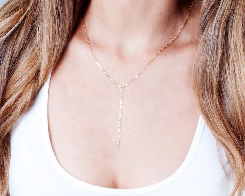 Layered Necklace, Gold Lariat Necklace, Gold Y Necklace, Y Choker Necklace, Dainty Necklace, Chain Drop Necklace, Short Y Necklace, NX50013 image 1