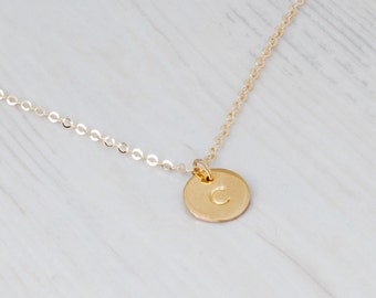 Personalized Disc Necklace, Engraved Initial Disc Necklace, Stamped Gold Disc Necklace, Sterling Silver, Rose Gold, Delicate Letter Necklace