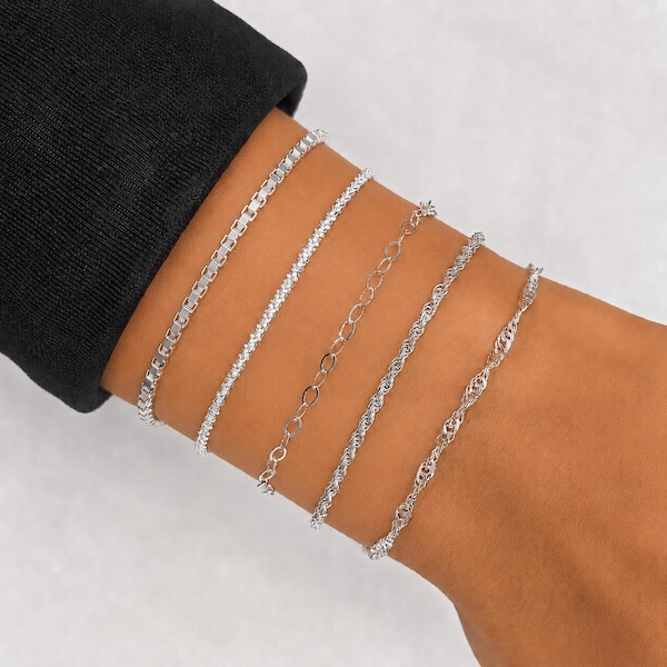 Pulsera de plata de ley, pulsera de plata para mujer, pulsera de cadena, pulsera apilable, pulsera fina y delicada, regalo para mujer, pulsera sencilla
