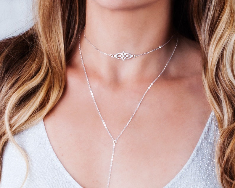 Dainty Layered Necklace Boho  Choker Set Minimal Necklace Gold Lariat Y Necklace with Celtic Choker Necklace Set of 2 Sterling Silver