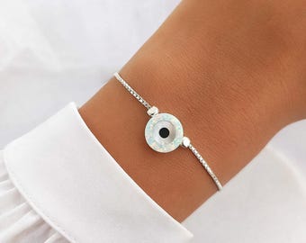 Opal Evil Eye Bracelet: Sterling Silver, Gold Filled Protection Jewelry, BR91