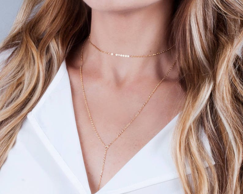 Gold Choker Necklace Set Necklace Set of 2 Minimal Y Lariat Etsy