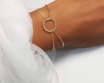 Hammered Open Circle Bracelet: Sterling Silver or Gold Karma Ring Bracelet, BR49