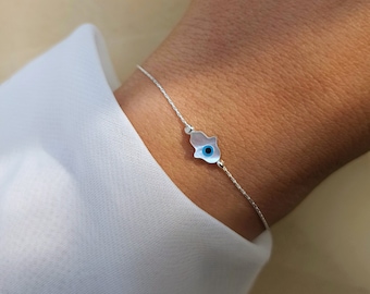 Tiny Hamsa Bracelet, Evil Eye Bracelet, Blue Eye Bracelet, Fatima Hand, Hamsa Shell Bracelet, Sterling Silver, Gold Filled, Rose Gold, BR9