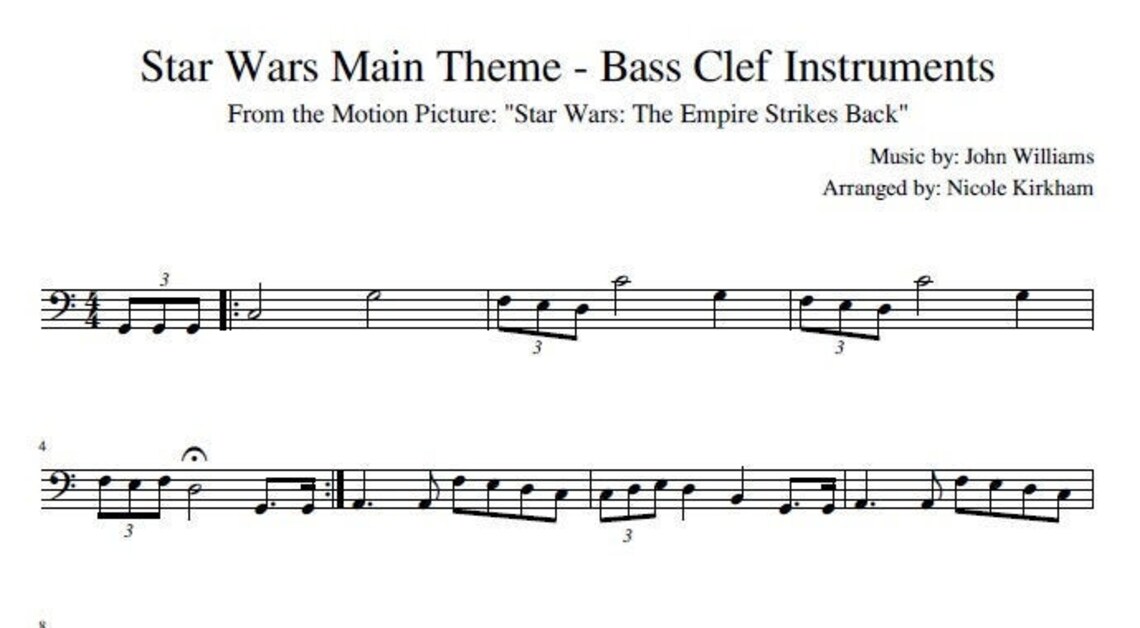 Star Wars Main Theme Bass Clef Instruments Etsy