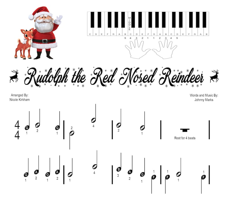 Rudolph the Red Nosed Reindeer Beginner Piano Sheet Music | Etsy Canada