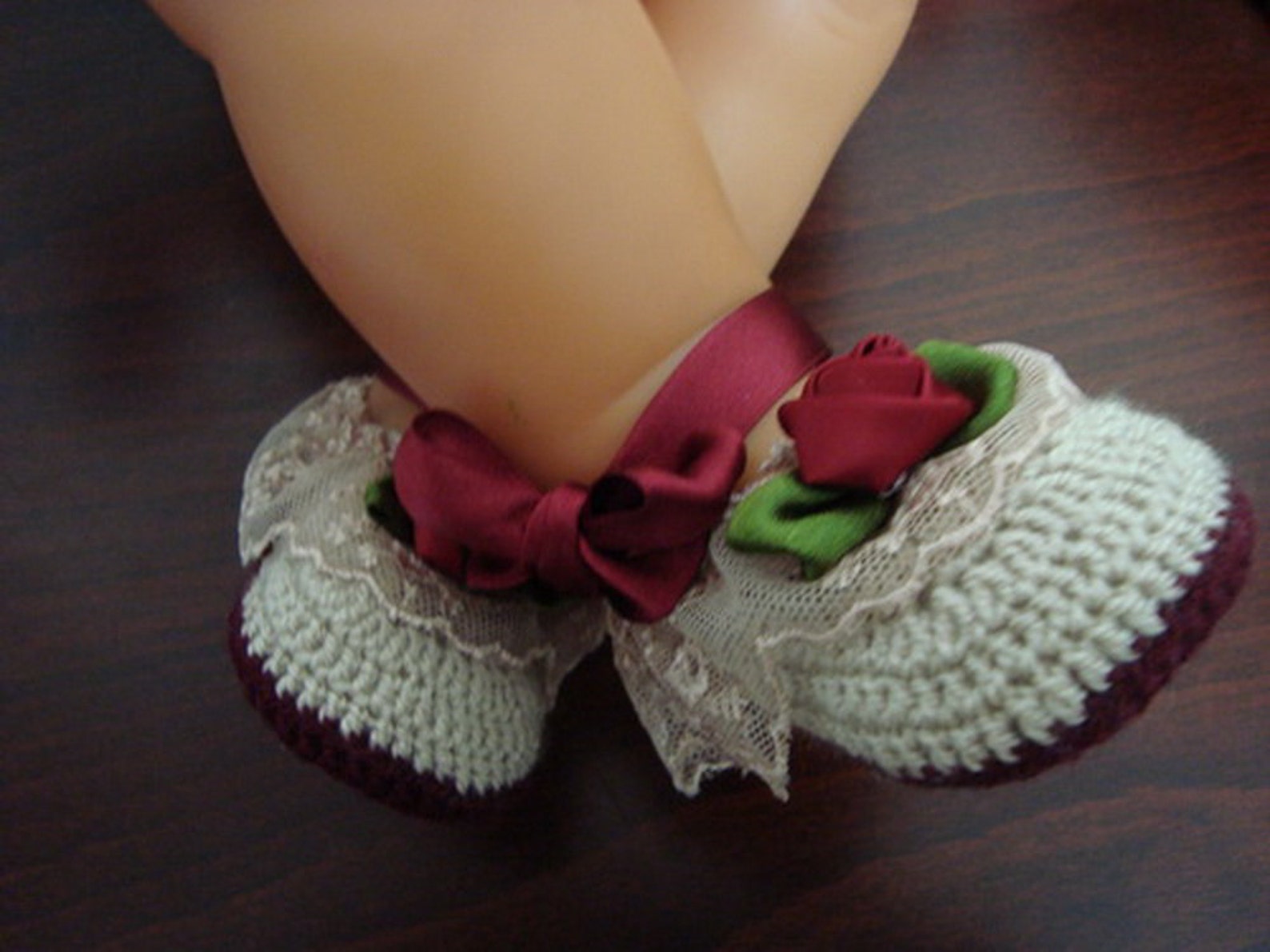 newborn baby girl handmade crochet beige - burgundy shoes, baby girl booties, girl slippers, ballet shoes, slippers with ribbons
