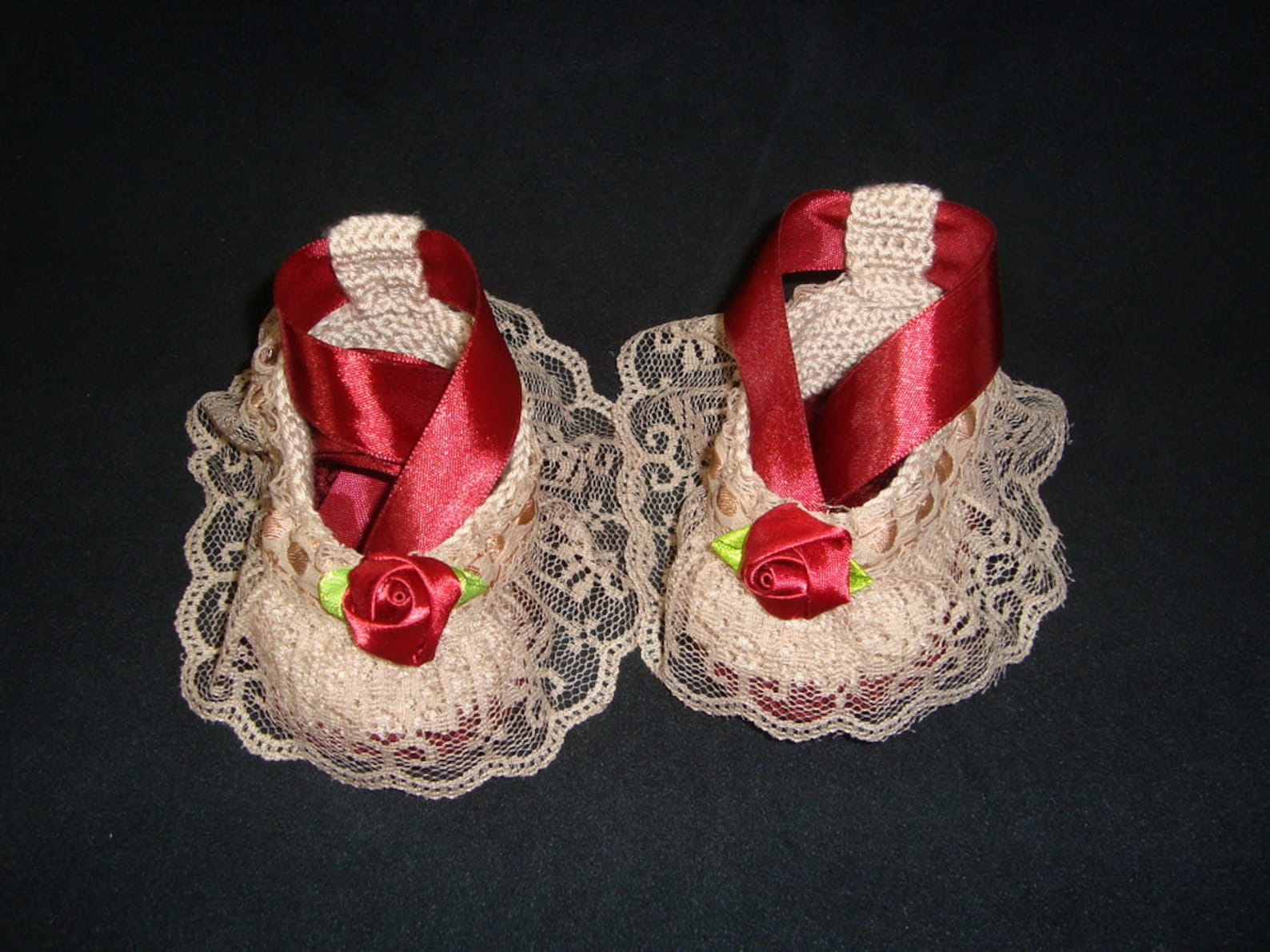 newborn baby girl handmade crochet beige - burgundy shoes, baby girl booties, girl slippers, ballet shoes, slippers with ribbons