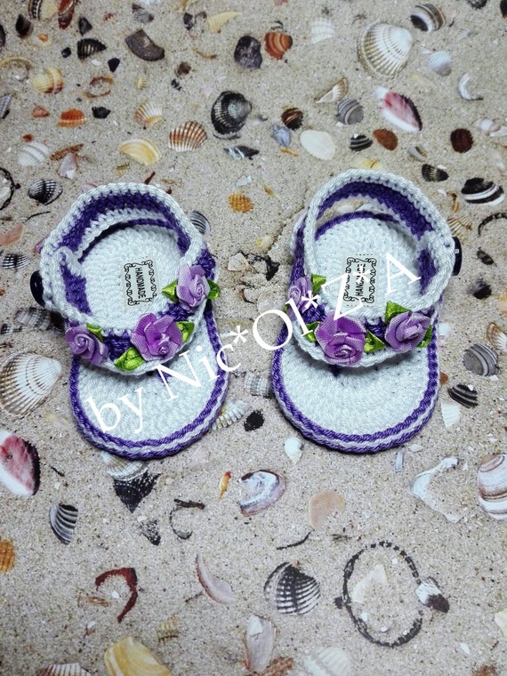 Crochet Baby Girl First Flip Flop Sandals White Newborn Pink Roses Handmade