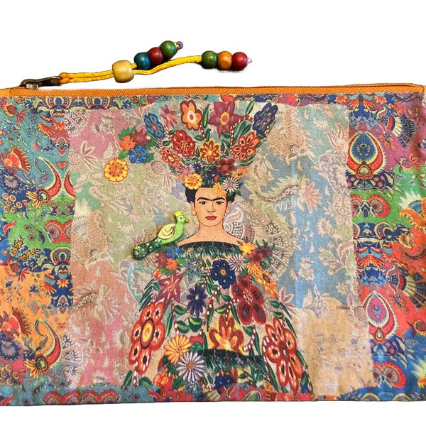 Trousse Frida Khalo avec petit perroquet en bois