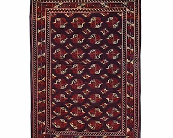 4'.3" x 6'.3" Vintage Tribal Turkoman Traditional Yamoud Handmade Hand-knotted Wool Rug CW-167