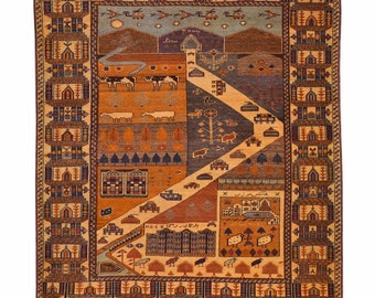 4'.8" x 6'.0" Tribal Pictorial/landscape Design Hand-Knotted Afghan Handmade Wool Rug CW-2170