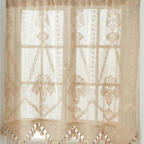 Crochet Lace Curtain, Sheer Window Panel, Custom Size Curtain, Farmhouse Drapery, Cafe Curtain, French Country Decor