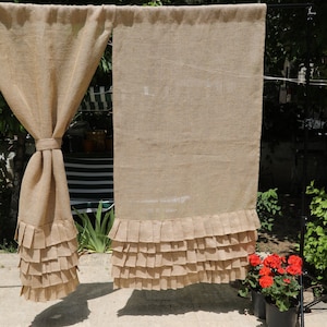 Natural Burlap Ruffle Curtains, 100% Jute Farmhouse Panel, Cottage Burlap Light Filtering Drape for Kitchen Bedroom Bathroom, Custom Sizes