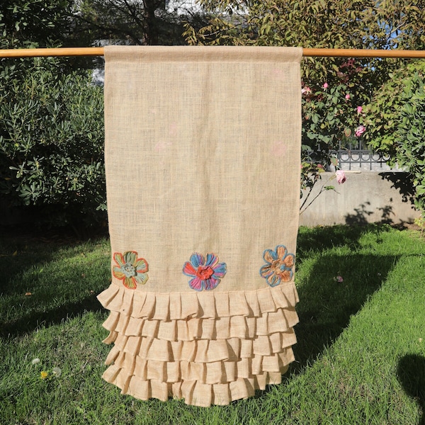 Burlap Curtain Panels with Floral Crochets, Cottage Chic Window Decor, Rustic Valance, Ruffled Cottage Curtains for Living Rooms