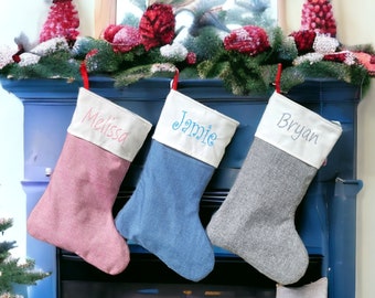 Personalized Christmas Stocking Custom Embroidered Name Linen Family Stockings Monogrammed Christmas Decor