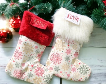 Personalized Red Christmas Stocking with Embroidery Faux Fur Cuff, Snowflake Holiday Stocking