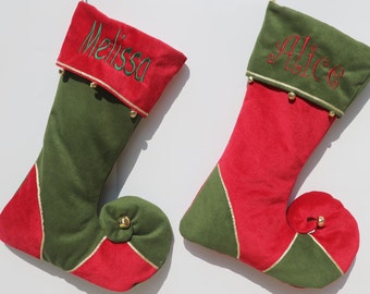 Personalized Elf Stocking, Whimsical Christmas, Velvet Stockings with Embroidery Names and Jingle Bells Curved Toe Jester Decor