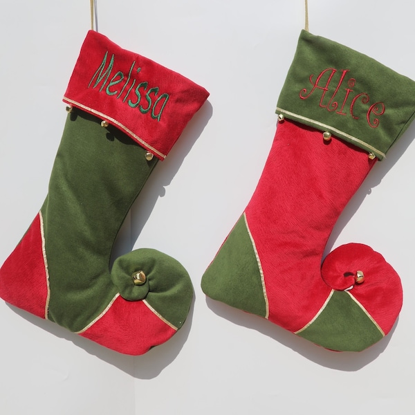 Personalized Elf Stocking, Whimsical Christmas, Velvet Stockings with Embroidery Names and Jingle Bells Curved Toe Jester Decor