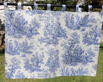 May include: A white curtain with a blue toile pattern featuring a repeating design of trees, people, and animals. The curtain is hung on a black rod with silver rings.