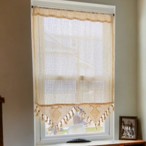 Sheer Lace Curtain,Crochet Panels with Beaded Tassels, Custom Size Cottage Drapery,  French Country Home
