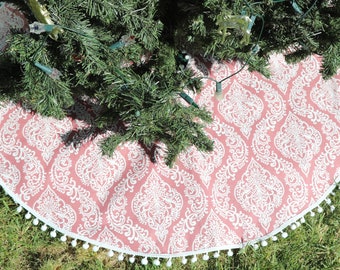 Pink Christmas Tree Skirt Damask Pom Pom Holiday Tree Skirt  25'' to 70'' Custom Size  Pinky Christmas Tree Decor For Girls