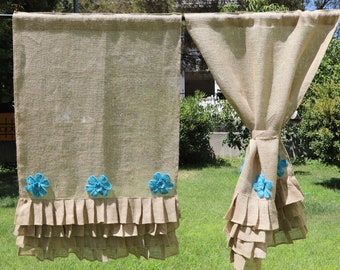 Burlap Curtains Embellished with Tourquise Crocheted Flowers, Ruffled Burlap Curtain Panels, Rustic Window Curtains, Cottage Chic Home Decor