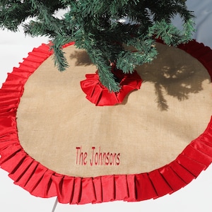 Personalized Burlap Christmas Tree Skirt Red Velvet Ruffle Holiday Tree Skirt Farmhouse Christmas Decor 25&#39;&#39; to 80&#39;&#39; Xmas Tree Skirt