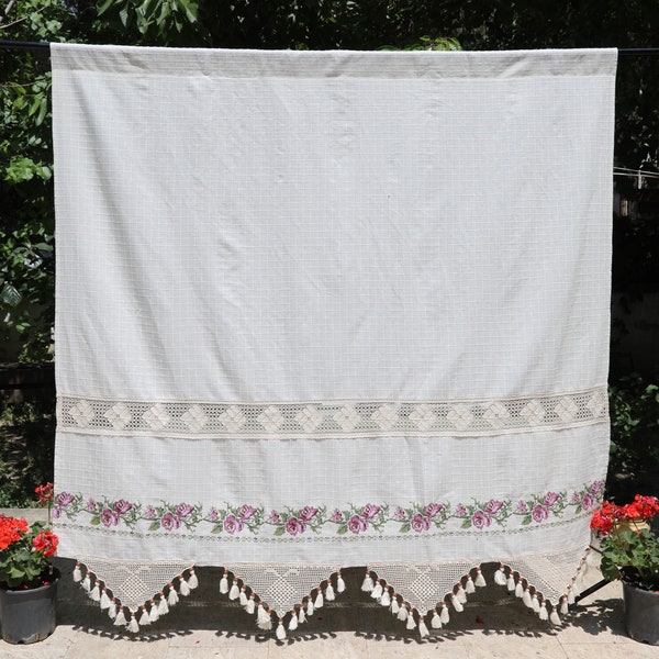 Floral Cottage Curtains, Rustic Lace Curtain Panels, Embroidered Rose Curtain with Crocheted Trims