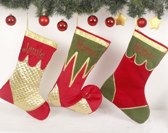 Gold Christmas Stocking, Quilted Holiday Stockings, Glitter Stocking Set of 2 4 6 8, Personalized Name Tag, Gold Christmas Decor Elf Decor