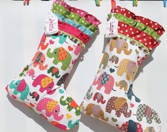 Gepersonaliseerde Kids Kerstsok Olifant Kous Roze Bruin Ruffle Meisjes Kousen Babys Eerste Kerstcadeau