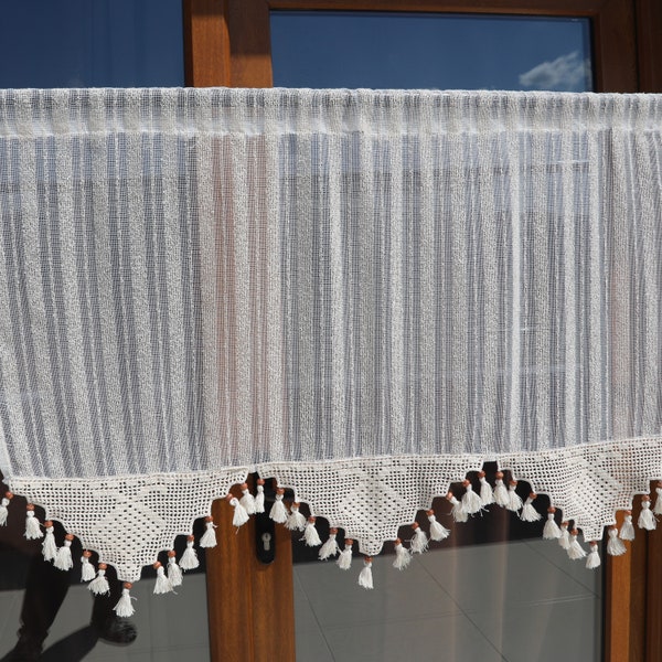 Crochet Curtain Panels, Sheer Lace Curtains For Kitchen Living Room Bed Room,  Farmhouse Curtains, Striped Cottage Curtain Tassel Panels