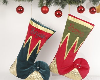 Elf Christmas Stocking, Embroidery Personalized Holiday Stocking Set, Whimsical Christmas Gift, Luxury Velvet Red Stocking