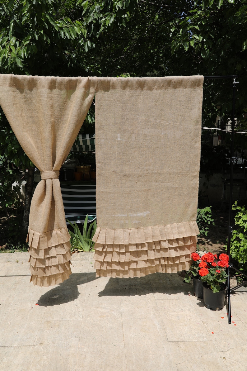 Natural burlap curtains with ruffled bottom hem, farmhouse living room window treatment set of 2