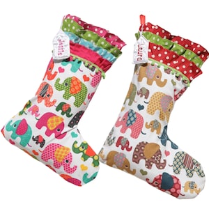 Elephant Christmas Stocking for Kids - Personalized Name Tag- Pink, Brown,Ruffled Pompom,  First Christmas Gift for Newborn, Boys, Girls