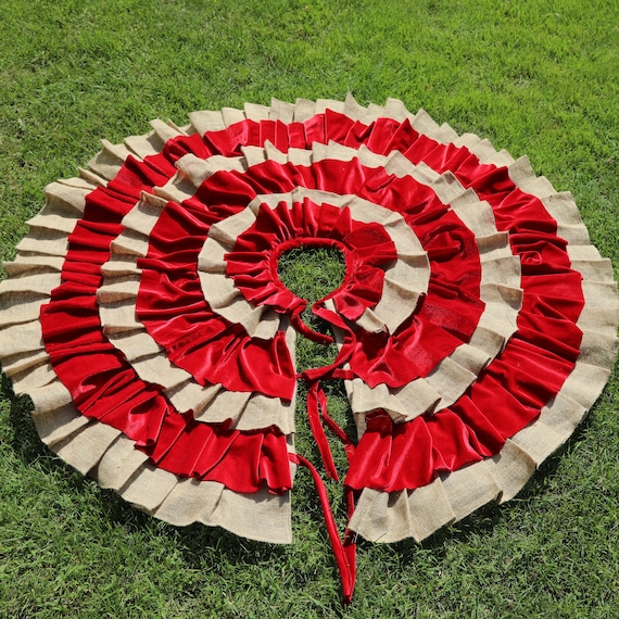 Burlap Tree Skirt, Burlap Red Velvet Ruffled Christmas Tree Skirt, Farmhouse Christmas Decor, Handmade Large Xmas Tree Skirt, Custom Made