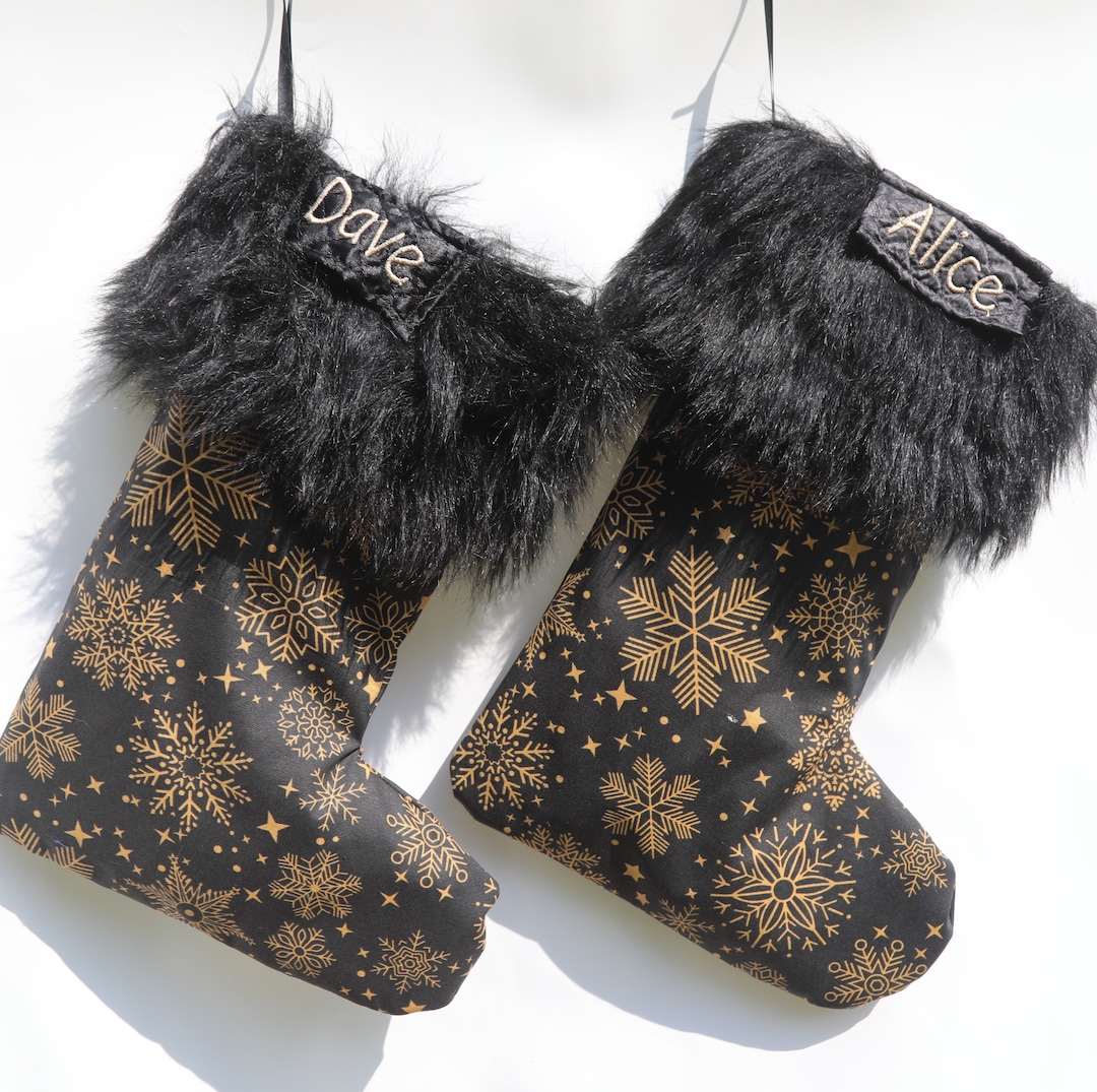 Personalized Black Christmas Stockings, Snowflake Stocking, Black Fur