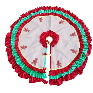 Ruffled Burlap Tree Skirt with Gingerbread Man, Red and Green Velvet Christmas Tree Mat, Whimsical Handmade Holiday Decor