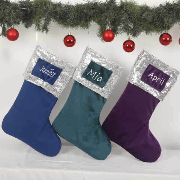 Purple Christmas Stockings Personalized Christmas Gift Velvet and Silver Sequins Large Name Stockings