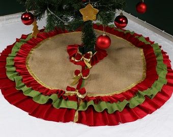 Luxury Burlap Christmas Tree Skirt with Red & Green Velvet Ruffles, Handmade Rustic Cottage Under Tree Decor , Extra Large Sizes 35’’–100’’