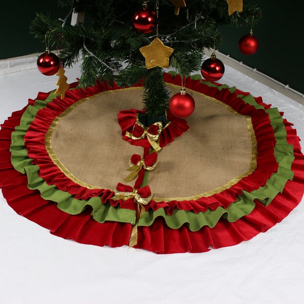 Burlap Tree Skirt Rustic Christmas Tree Decor 35''to 100'' Extra Large Tree Skirt, Cottage Christmas Handmade Tree Skirt Velvet Ruffles