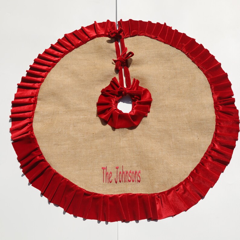 Personalized Burlap Christmas Tree Skirt With Red Velvet Etsy