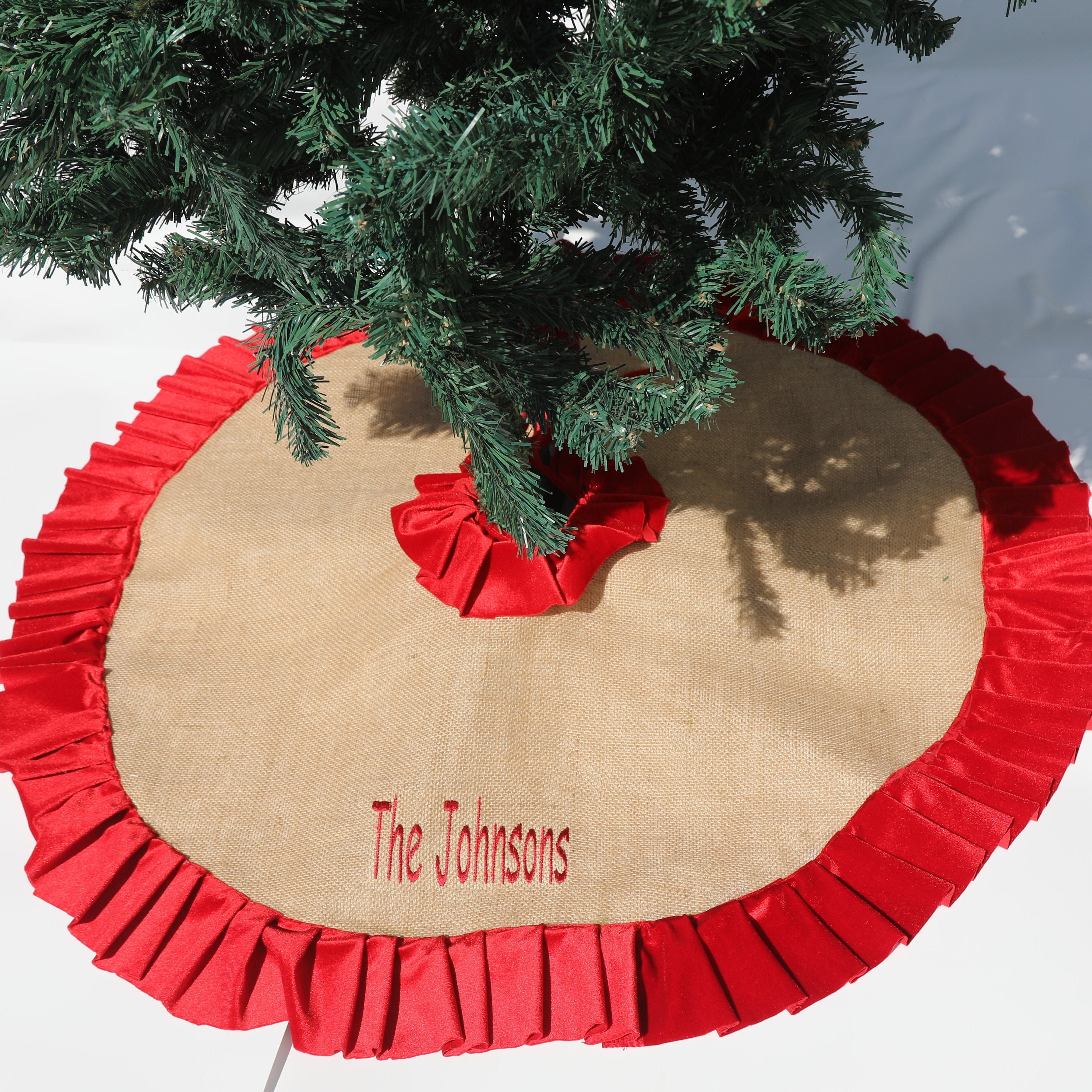 Personalized Burlap Christmas Tree Skirt With Red Velvet Etsy