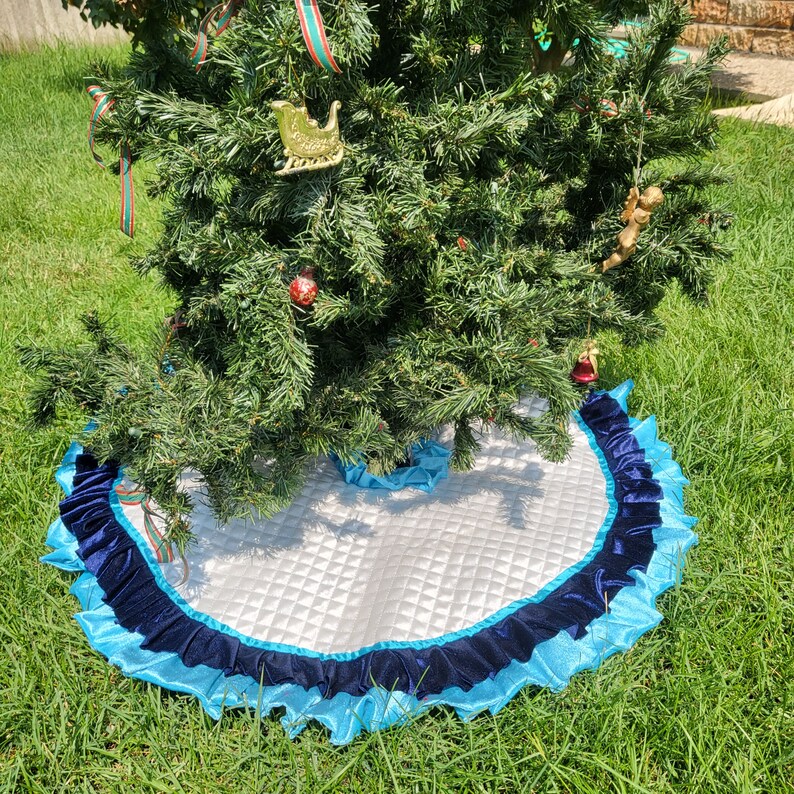 White Christmas Tree Skirt With Blue Navy Velvet Ruffles Etsy