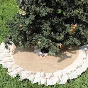 Farmhouse Christmas Tree Skirt, Burlap Tree Skirt with Ivory Linen Ruffles, 90" XXL, Custom Sizes, Personalized Cottage Chic Christmas Decor