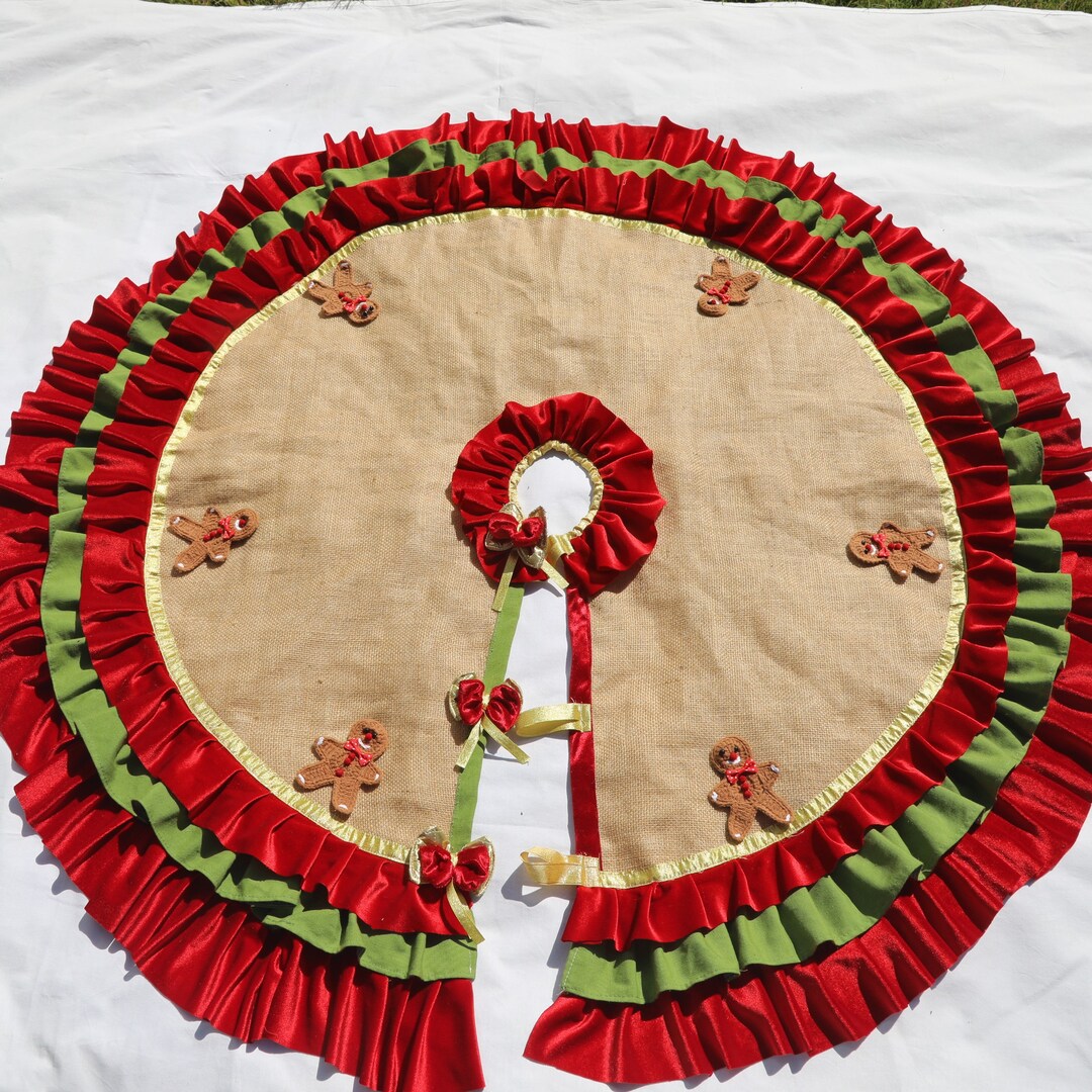 Gingerbread Christmas Tree Skirt, Ruffled Burlap Tree Skirt Crocheted