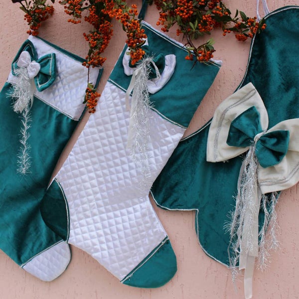 Teal Christmas Stocking Set, Shabby Chic Christmas Stockings, Teal Bone Stocking, White Christmas  Stockings UPS EXPRESS SHiPPiNG